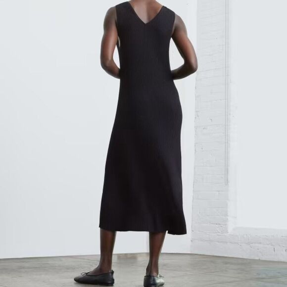Everlane The Ribbed Viscose Scoop Neck Fitted Stretch Midi Dress Black S - Picture 2 of 11